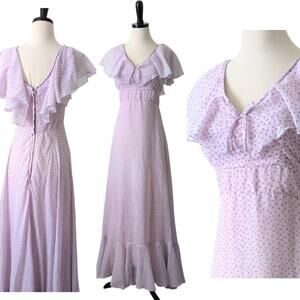 VTG 70s Womens XS Cottagecore Prairie Long Maxi Floral Tiered Lilac Purple Dress